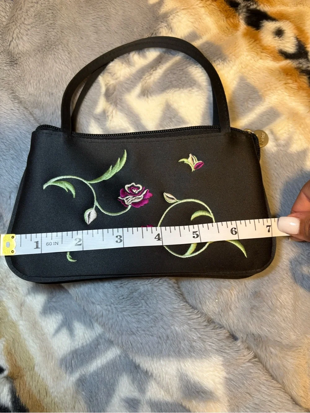 Esprit Black Clutch with Pink Rose Embroidery